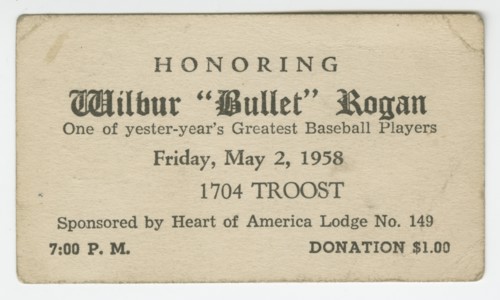 Advertising card for an event honoring Wilbur "Bullet" Rogan, May 2, 1958. Creator: Unknown.