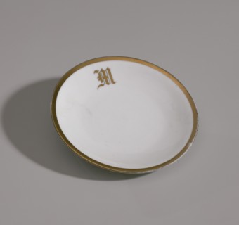 White plate with gold trim from Mae's Millinery Shop, 1941-1994. Creator: Classic Bavaria.