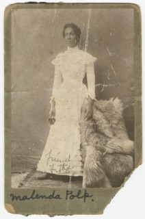 Photograph of Malenda Polk wearing a white, high collar dress., late 19th century. Creator: Unknown.