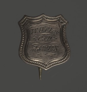 Shield-shaped identification pin for William H. Clay, 1864-65. Creator: Unknown.