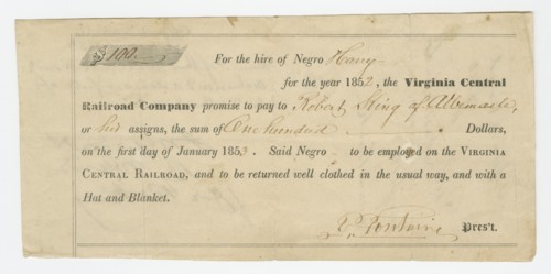 Bond for the hire of enslaved man named Harry by the Virginia Central Railroad, 1852. Creator: Unknown.