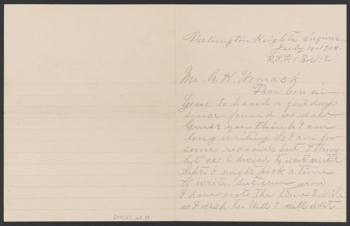 Letter from Julia Jordan to G. H. Womack, July 10, 1908. Creator: Julia Womack.