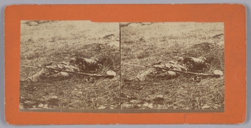 Stereograph of a deceased soldier on the battlefield after Gettysburg, 1863. Creator: Alexander Gardner.