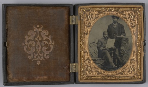Tintype of two men wearing suits, 1855-1860s. Creator: Unknown.
