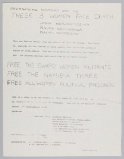 Flyer about the Namibia Three and International Women's Day 1976, 1976. Creator: Unknown.