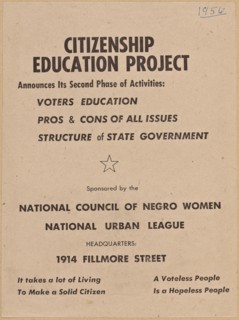 Flyer promoting the second phase of the NCNW's Citizenship Education Project, 1956. Creator: Unknown.