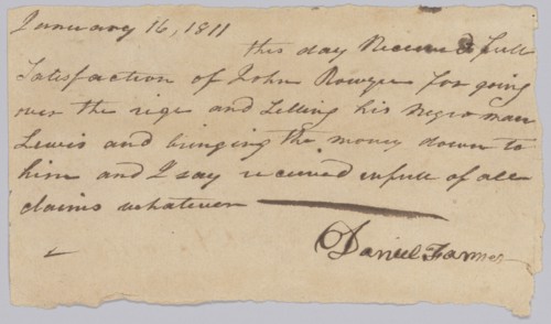 Payment receipt for the hiring out of an enslaved man named Lewis, January 16, 1811. Creator: Unknown.