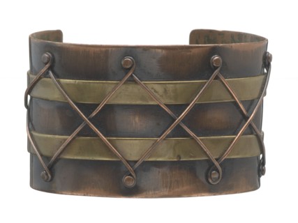 Copper and brass diamond design cuff by Winifred Mason Chenet, ca. 1945. Creator: Winifred Mason Chenet.