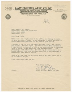 Letter to Dorothy Porter from W.C. Handy, March 1, 1939. Creator: WC Handy.