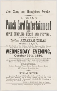 Handbill advertising a punch card event at A.M.E. Zion Church Stony Brook, 1884. Creator: Unknown.
