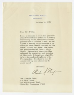 Letter to Charley Pride from Richard Nixon, October 26, 1971. Creator: Richard Nixon.