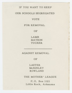 Flier with segregationist voting guide, 1959. Creator: Unknown.