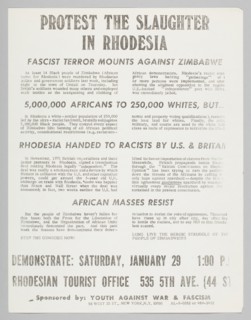 Flyer advertising a protest against slaughter in Rhodesia, January 29, 1972. Creator: Unknown.