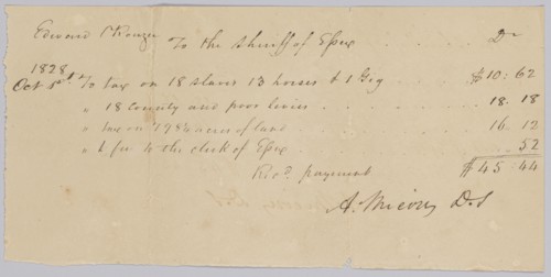 Record of taxes on property, including enslaved persons, owned by Edward Rouzee, October 1, 1828. Creator: Unknown.