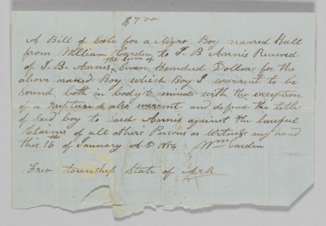 Bill of sale for a boy named Hall to Jerome B. Annis, January 16, 1854. Creator: William Cardin.