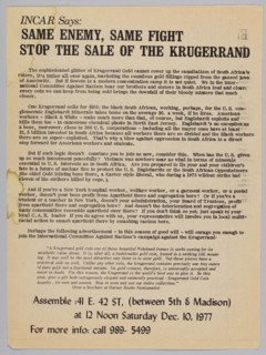 Flyer advertising a protest against the sale of the Krugerrand, 1977. Creator: Unknown.