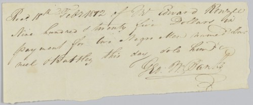 Bill of sale for two men, Daniel and Bartley, to Edward Rouzee, February 18, 1812. Creator: Unknown.