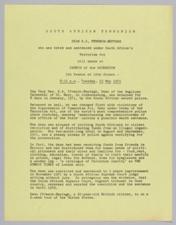 Flyer announcing a speech by Dean G.A. FFrench-Beytagh, 1972. Creator: Unknown.