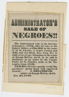 Broadside for sale of enslaved woman and children from estate of Joseph McCoy, November 28, 1849. Creator: Unknown.