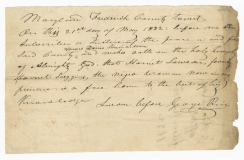 Pass for free woman Harriet Lawson to visit her husband, Caleb, May 21, 1832. Creator: Unknown.