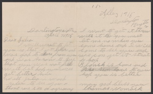 Letter from Thomas Womack to Julia Womack with envelope, April 7, 1915. Creator: Thomas Womack.