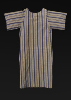 Grey, blue, and maize-colored cotton striped dress designed by Willi Smith, 1969-1987. Creator: Willi Smith.