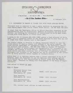 Letter by the Episcopal Churchmen for South Africa, February 25, 1976. Creator: Unknown.