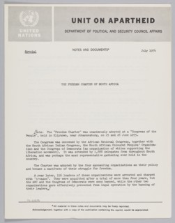 Notes from the United Nations on the Freedom Charter of South Africa, July 1974. Creator: Unknown.