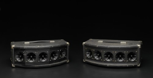 Tweeter box speakers used as part of a DJ setup, 1970s. Creator: Unknown.
