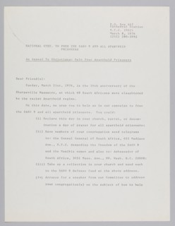 Letter from the Committee to Free the SASO 9, March 8, 1976. Creator: John Akpan.
