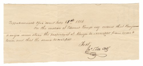 Document for tax exemption of the enslaved man Benjamin, owned by Edward Rouzee, July 21, 1806. Creator: Unknown.