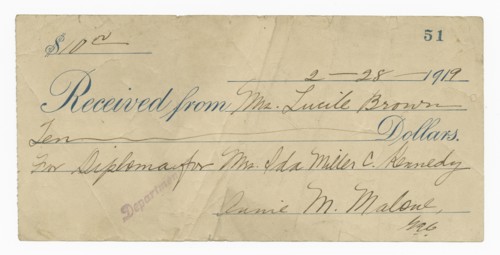 Receipt for ten dollars from Lucille Brown, February 28, 1919. Creator: Unknown.