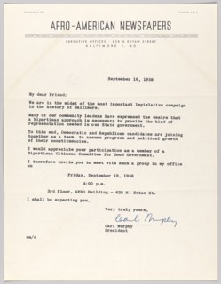 Letter from Carl Murphy and Afro-American Newspapers, September 16, 1958. Creator: Unknown.