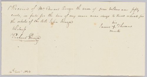 Payment receipt for hire of an enslaved man to the estate of John Rouzee, November 16, 1826. Creator: Unknown.