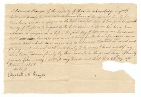 Bond for the hire of the enslaved man Jacob by Edward Rouzee, October 28, 1808. Creator: Unknown.
