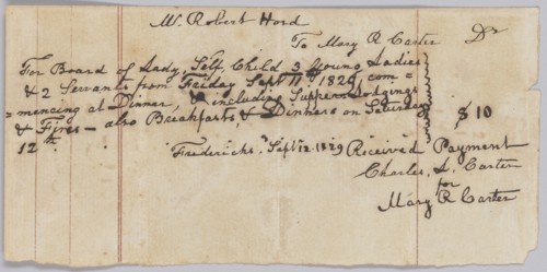 Payment receipt for room and board provided by Mary R. Carter, September 12, 1829. Creator: Unknown.