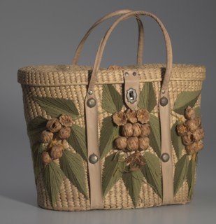 Woven basket purse with floral design from Mae's Millinery Shop, 1941-1994. Creator: Unknown.