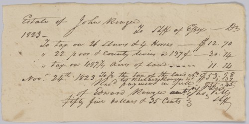 Record of taxes on property, including enslaved persons, owned by John Rouzee, November 24, 1823. Creator: Unknown.