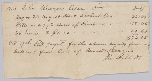Record of taxes on property, including enslaved persons, owned by John Rouzee, October 19, 1816. Creator: Unknown.