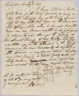 Affidavit of apprehension of James and John, property of Harriot Rouzee, August 23, 1817. Creator: Unknown.