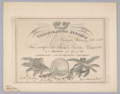 Membership certificate to the American Colonization Society, February 22, 1832. Creator: Unknown.