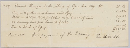 Record of taxes on property, including enslaved persons, owned by John Rouzee, November 12, 1839. Creator: Unknown.