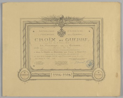 Certificate for French Croix de Guerre medal issued to Cpl. Lawrence L. McVey, March 2, 1928. Creator: Unknown.