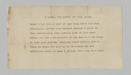 Typewritten formula for Poro hair rinse, 1915-1953    . Creator: Unknown.