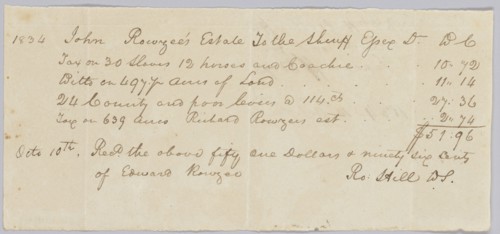 Record of taxes on property, including enslaved persons, owned by John Rouzee, October 10, 1834. Creator: Unknown.