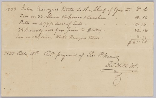 Record of taxes on property, including enslaved persons, owned by John Rouzee, October 15, 1835. Creator: Unknown.