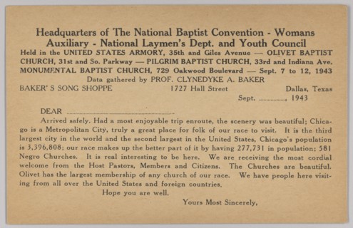 Form letter for National Baptist Convention in Chicago, 1943. Creator: Unknown.