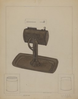 Lamp and Tallow Strainer, c. 1936. Creator: Marie Famularo.