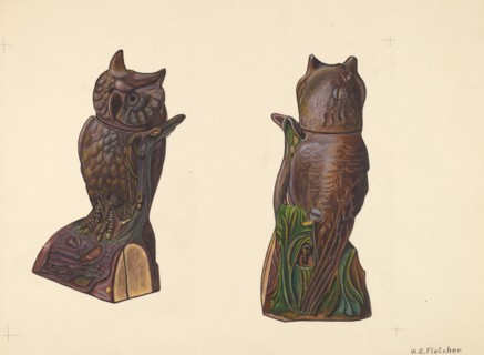 Owl on Log Bank, c. 1937. Creator: William O. Fletcher.