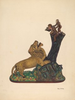 Toy Bank: Monkey and Lion, c. 1937. Creator: George File.
